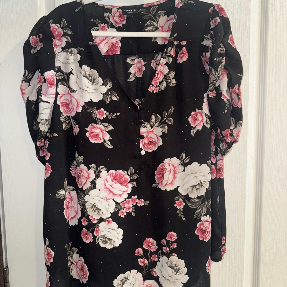 Torrid Black Blouse with Pink Floral Design